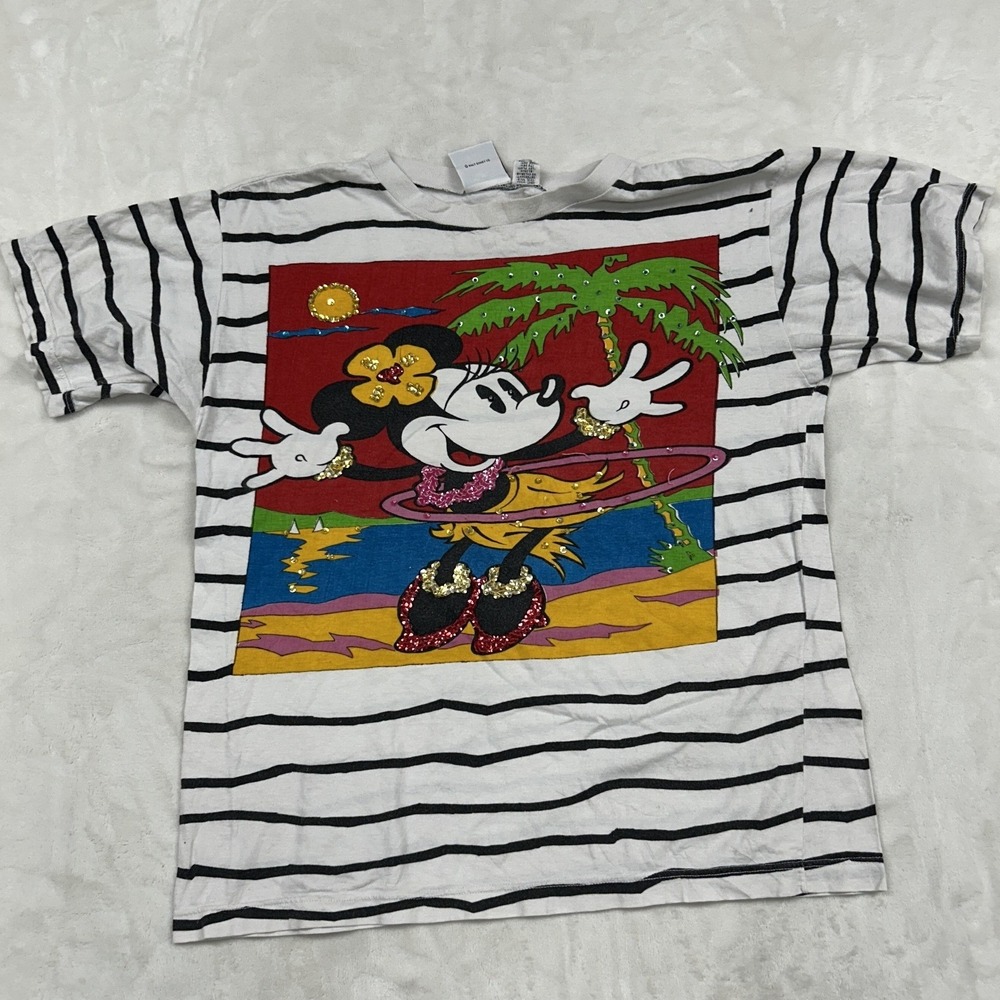 Mickey & Co T-Shirt Womens 8 White Striped Minnie Mouse Hula Tropical Vintage